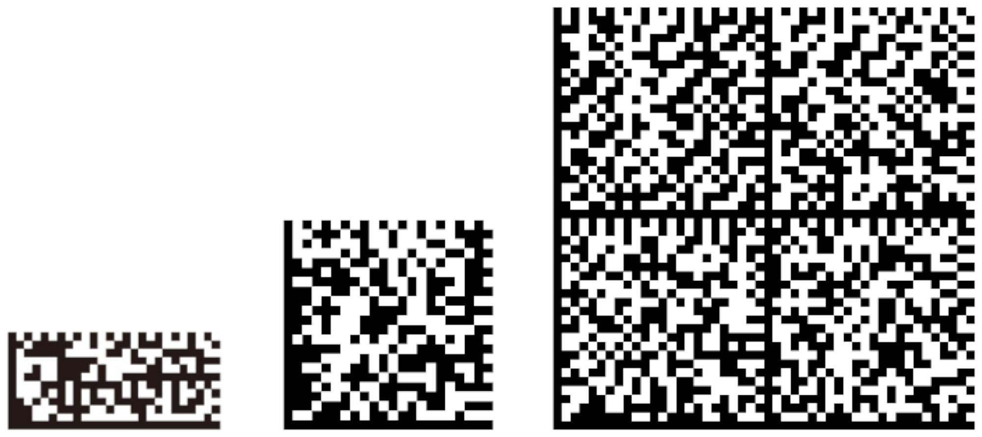 Some examples of DataMatrix codes. From left to right: rectangular DataMatrix code, square DataMatrix code and four square DataMatrix combined. Each of them can store up to 14, 28, 202 bytes, respectively, using approximately a 20% of error correction capacity. 