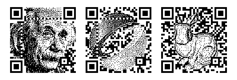 Different examples of Halftone QR Codes, introduced by HK. Chu et al. [56]. These QR Codes exploit the error correction features of the QR Code to achieve back-compatible QR Codes with apparent grayscale –halftone– colors.