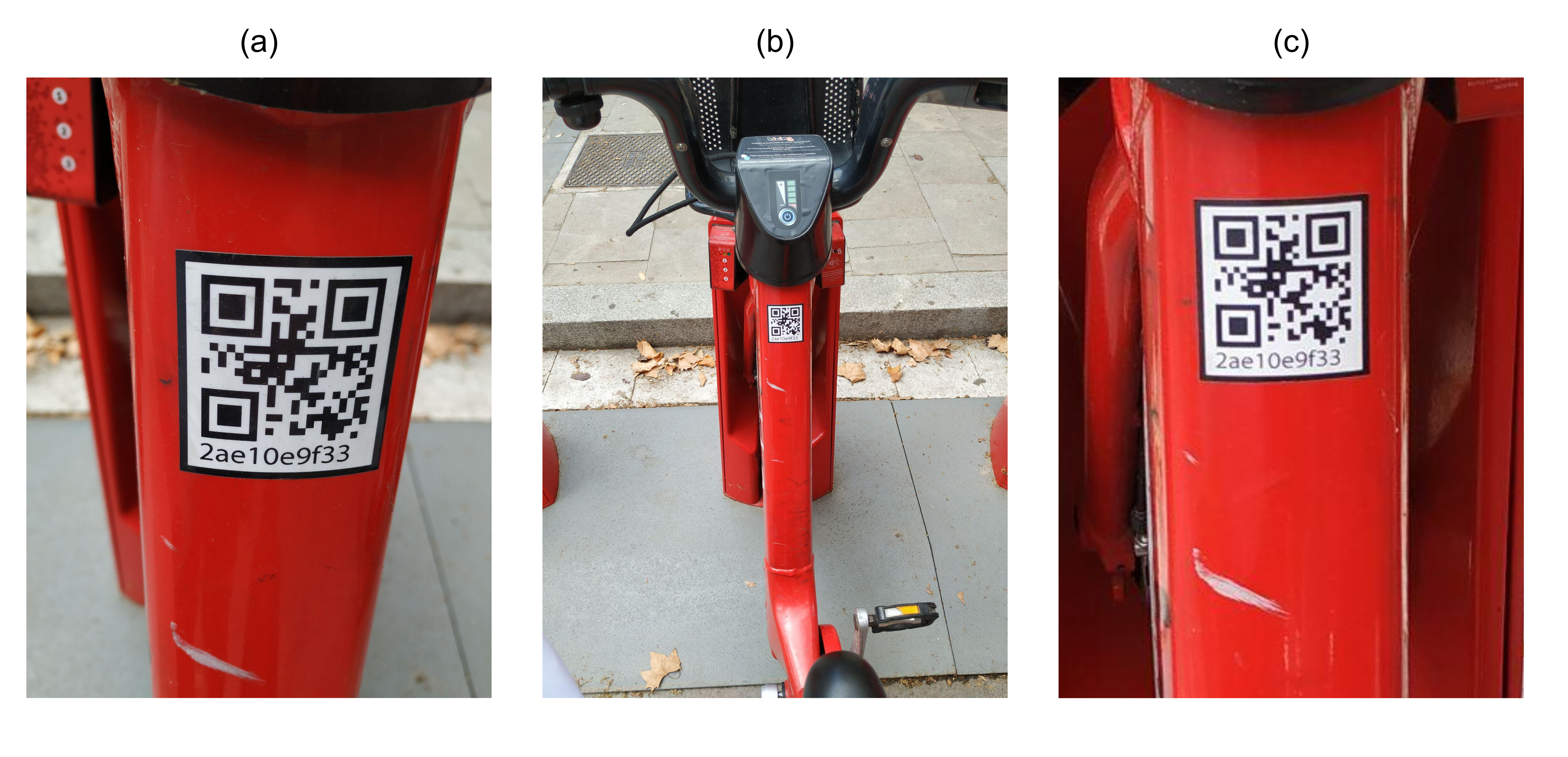 An example of an adverse situation: image of a QR Code in a bike-sharing service in Barcelona, where the QR Code is bent over the bike frame. User experience shows that capturing these QR Codes is difficult when approaching the camera to the QR Code due to the bending. (a) An image captured near the QR Code (\sim20 cm), (b) an image captured farther (\sim1 m) and (c) a zoomed version of (b) which despite the blur performs better because the QR Code resembles more to a flat QR Code. 